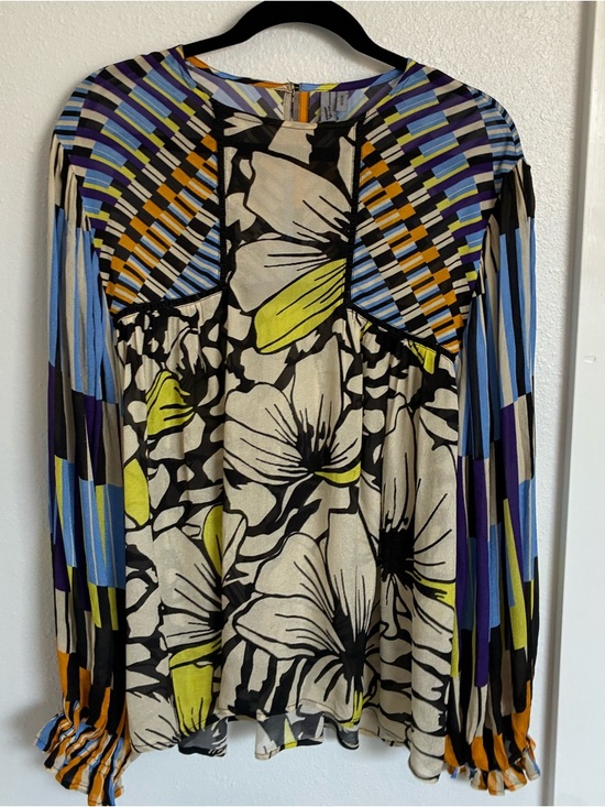 Anthropologie Black Cream Yellow Blue Floral Striped Long-Sleeve Blouse - Picture 2 of 5